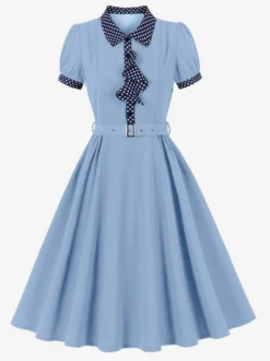 Robe vintage pour femme style années 1950 robe trapèze à pois col et nœud papillon robe midi idéale pour un tea party.