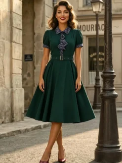 Robe vintage pour femme style années 1950 robe trapèze à pois col et nœud papillon robe midi idéale pour un tea party.