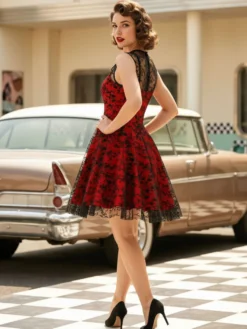 Robe vintage Rouge Sheer Années 1950 Audrey Hepburn Style Brodé Sans Manches Robe Rockabilly