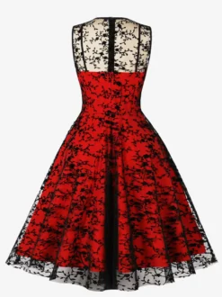 Robe vintage Rouge Sheer Années 1950 Audrey Hepburn Style Brodé Sans Manches Robe Rockabilly
