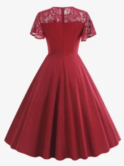 Robe vintage style années 50 col rond en dentelle manches courtes taille M bordeaux coupe trapèze