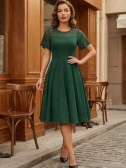 Robe vintage style années 50 col rond en dentelle manches courtes taille M bordeaux coupe trapèze
