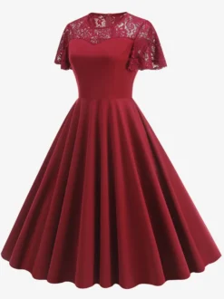 Robe vintage style années 50 col rond en dentelle manches courtes taille M bordeaux coupe trapèze