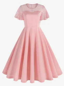 Robe vintage style années 50 col rond en dentelle manches courtes taille M bordeaux coupe trapèze