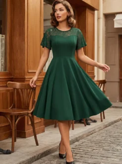 Robe vintage style années 50 col rond en dentelle manches courtes taille M bordeaux coupe trapèze