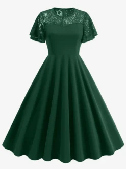 Robe vintage style années 50 col rond en dentelle manches courtes taille M bordeaux coupe trapèze