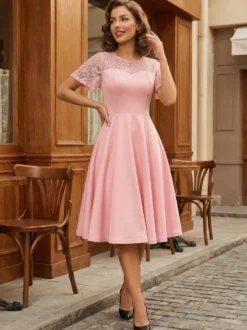 Robe vintage style années 50 col rond en dentelle manches courtes taille M bordeaux coupe trapèze