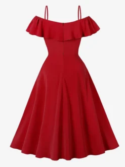Robe vintage à volants épaules dénudées et fines bretelles robe midi rouge et bleue pour femme robe trapèze