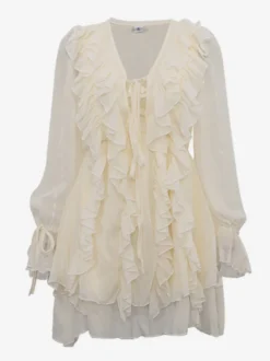 Robe à volants abricot mini-robe à col en V et manches longues pour femmes 2026