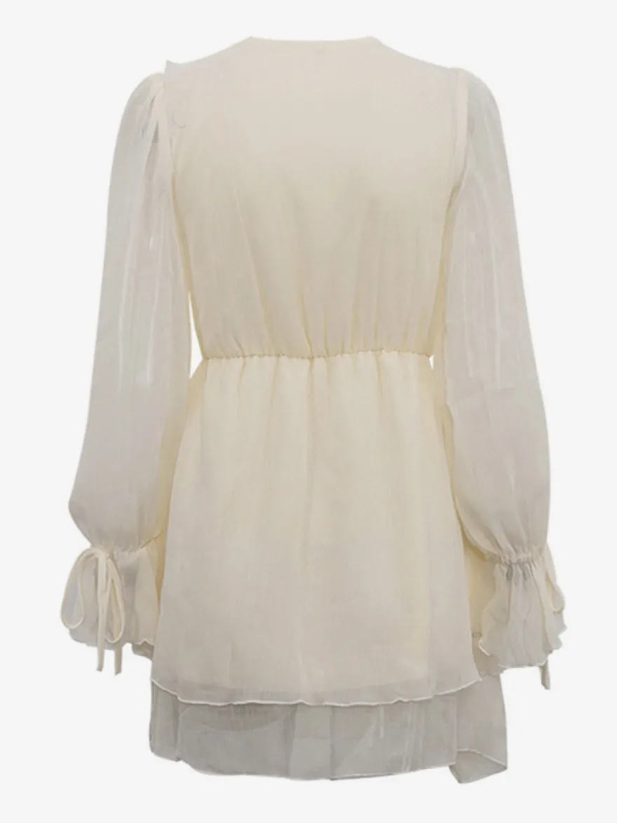 Robe à volants abricot mini-robe à col en V et manches longues pour femmes 2026