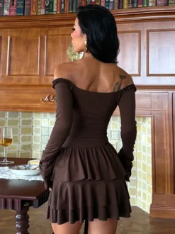 Robe à volants étagés pour femme - Robe mini Balletcore marron café épaules dénudées manches longues - Fête d'anniversaire printanière 2026