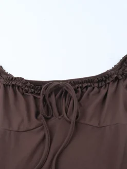 Robe à volants étagés pour femme - Robe mini Balletcore marron café épaules dénudées manches longues - Fête d'anniversaire printanière 2026