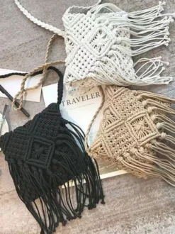 Sac bandoulière bohème à pompons en macramé mini sac à main en corde de coton tissée à la main sac de plage