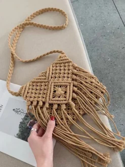 Sac bandoulière bohème à pompons en macramé mini sac à main en corde de coton tissée à la main sac de plage