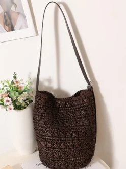 Sac bandoulière seau en raphia épais bandoulière ajustable en similicuir sac à main tissé