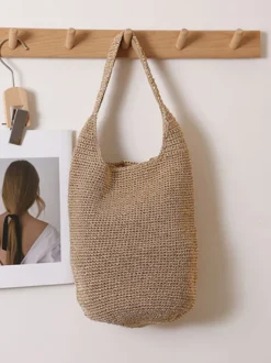 Sac bandoulière seau tricoté à paillettes fermeture magnétique style hobo tissé ajouré idéal pour les vacances d'été à la plage