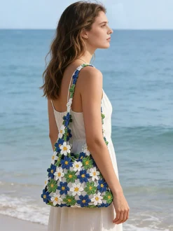 Sac cabas ajouré en crochet à motif marguerite style bohème idéal pour l'été sac bandoulière tissé parfait pour les vacances à la plage