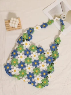 Sac cabas ajouré en crochet à motif marguerite style bohème idéal pour l'été sac bandoulière tissé parfait pour les vacances à la plage
