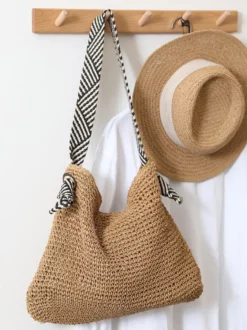 Sac cabas en raphia tressé bandoulière en tissu rayé grande capacité idéal pour les vacances d'été à la plage.