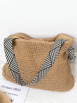 Sac cabas en raphia tressé bandoulière en tissu rayé grande capacité idéal pour les vacances d'été à la plage.