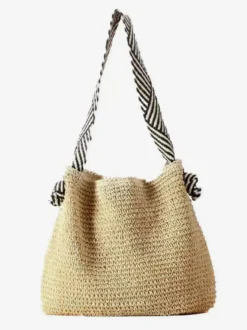 Sac cabas en raphia tressé bandoulière en tissu rayé grande capacité idéal pour les vacances d'été à la plage.