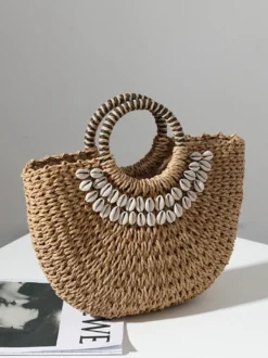 Sac de plage semi-circulaire en paille avec coque pour femme (2026)