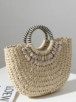 Sac de plage semi-circulaire en paille avec coque pour femme (2026)