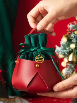 Sacs Pour Femme Sac De Noël À Lacets Bordeaux Cadeau Noël Avec Poignée Ronde Détails En Métal Bicolore