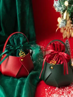 Sacs Pour Femme Sac De Noël À Lacets Bordeaux Cadeau Noël Avec Poignée Ronde Détails En Métal Bicolore