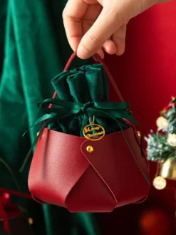 Sacs Pour Femme Sac De Noël À Lacets Bordeaux Cadeau Noël Avec Poignée Ronde Détails En Métal Bicolore