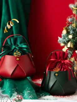 Sacs Pour Femme Sac De Noël À Lacets Bordeaux Cadeau Noël Avec Poignée Ronde Détails En Métal Bicolore