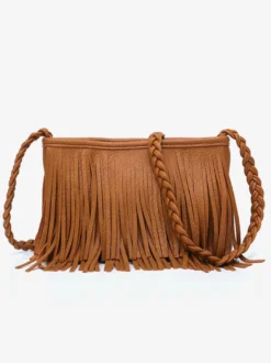 Sacs pour femmes café marron simili cuir forme horizontale bandoulière frange fermeture éclair