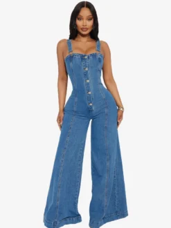 Salopette en jean sexy pour femme - Combinaison rétro bleue à boutons et jambes larges évasées - Tenue streetwear idéale pour les soirées d'été 2026