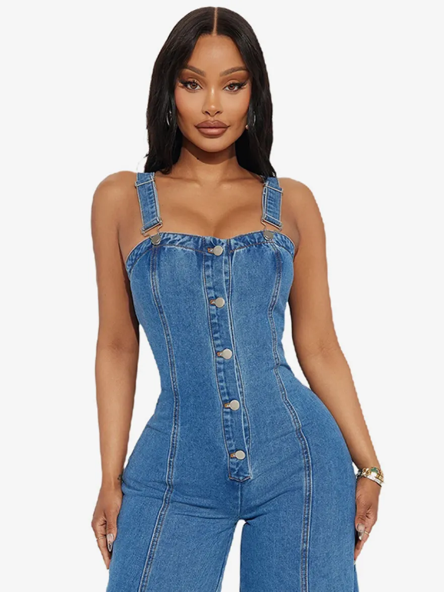 Salopette en jean sexy pour femme - Combinaison rétro bleue à boutons et jambes larges évasées - Tenue streetwear idéale pour les soirées d'été 2026