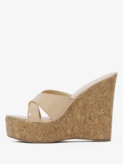 Sandales compensées pour femme Cocktail Détails métalliques Sandales à bout ouvert en cuir verni