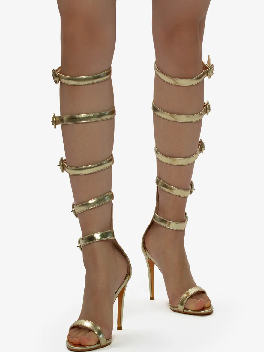 Sandales à talons hauts dorées pour femmes sandales gladiateur à bout ouvert avec boucle