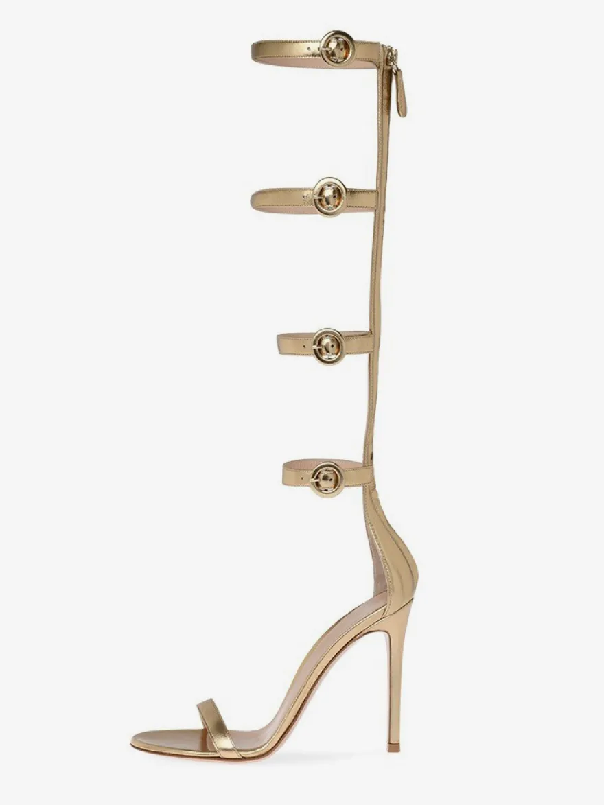 Sandales à talons hauts dorées pour femmes sandales gladiateur à bout ouvert avec boucle