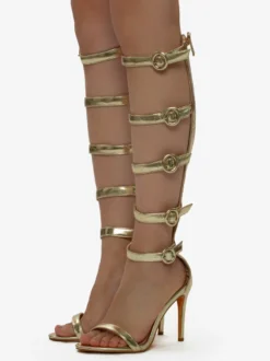 Sandales à talons hauts dorées pour femmes sandales gladiateur à bout ouvert avec boucle