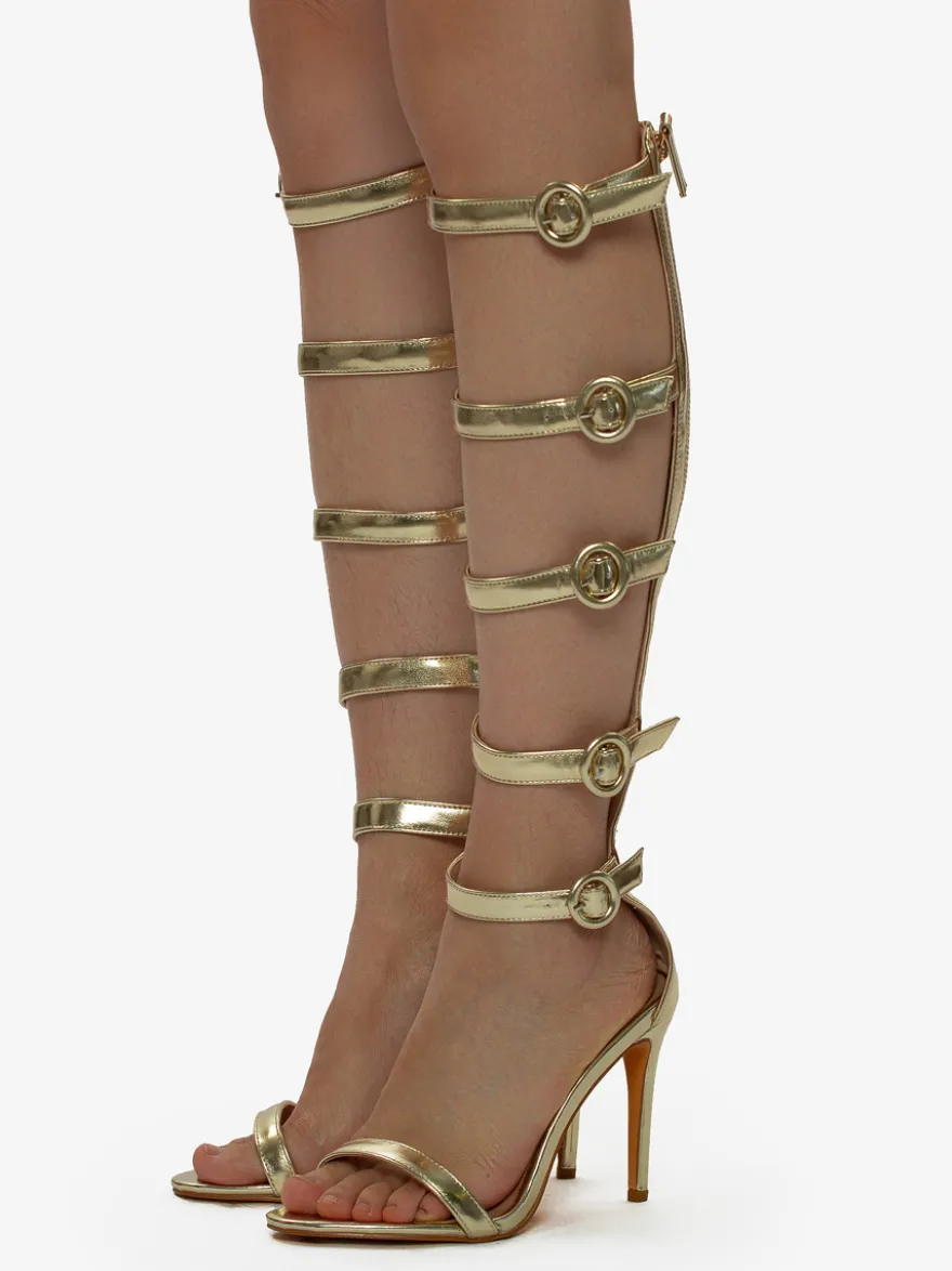 Sandales à talons hauts dorées pour femmes sandales gladiateur à bout ouvert avec boucle