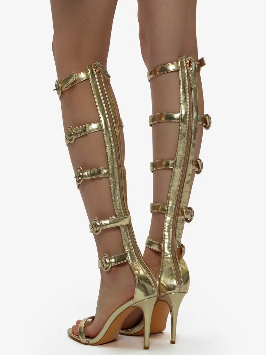 Sandales à talons hauts dorées pour femmes sandales gladiateur à bout ouvert avec boucle