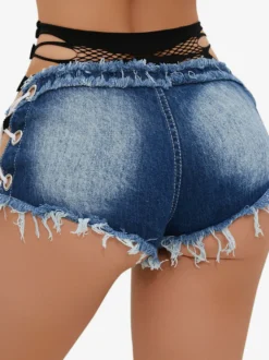 Short en jean micro-short multicolore à empiècements en résille au dos et lacets sur le côté ourlet brut.