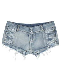 Shorts Courte en Denim Déchirés Femme Coupe Cintrée à Zip avec Bouton Unicolore Shorts Eté Sexy