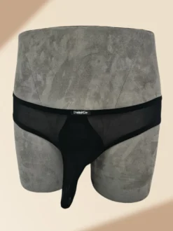 Slip transparent en maille fine pour homme taille basse avec poche éléphant respirant et sexy.
