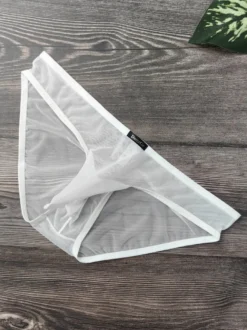 Slip transparent en maille fine pour homme taille basse avec poche éléphant respirant et sexy.