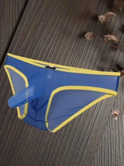 Slip transparent en maille fine pour homme taille basse avec poche éléphant respirant et sexy.