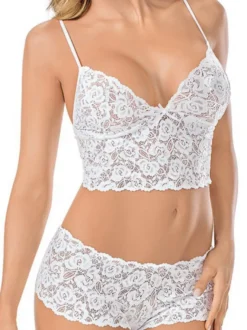 Sous-vêtements Deux Pièces en Dentelles Soutien-gorge Culottes avec Bretelles à Col Décolleté en V Creusants Transparentes Unicolore Sexy