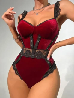 Sous-Vêtement Sexy En Velours À Épaule Ouverte En Dentelle Bordeaux Pour Lingerie Femme Soutien-Gorge