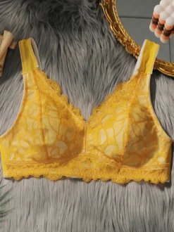 Soutien-gorge grande taille sans armatures push-up jaune couverture complète décontracté extensible imprimé floral dentelle lingerie