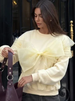 Sweat-shirt à col rond pour femme avec grand nœud en tulle manches longues coupe ample style décontracté