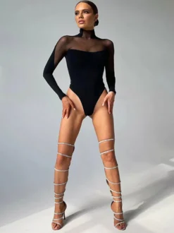Tenue D'Été Body Une Pièce En Polyester À Manches Longues Col Top Noir